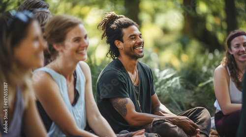 Diverse group of people men and women sitting in open air laughing talking engaged in mindful activities. Togetherness sense of community mental health concept photo
