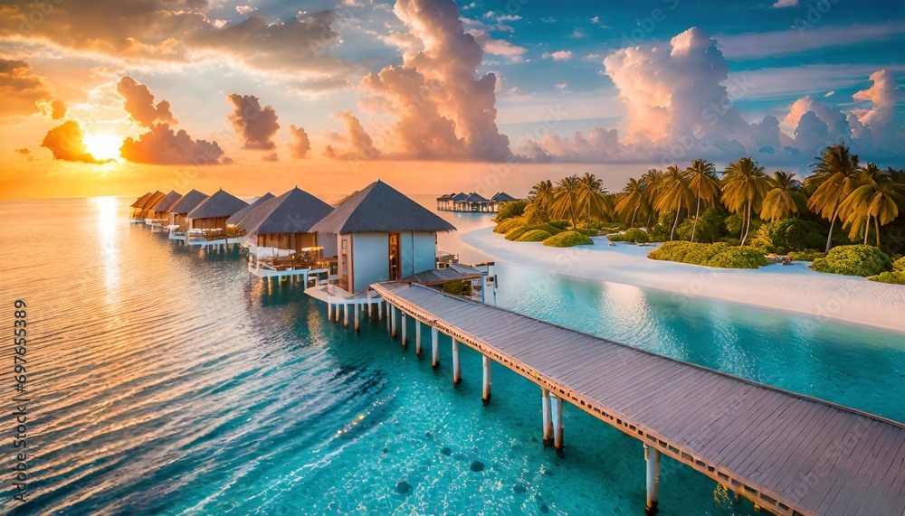 sunset on maldives island luxury water villas resort and wooden pier beautiful aerial sky clouds and beach background summer coast vacation travel paradise sunrise landscape pristine sea bay - obrazy, fototapety, plakaty 