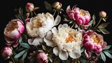 vintage bouquet of peonies on black floristic decoration floral background baroque old fashiones style image natural flowers pattern wallpaper or greeting card