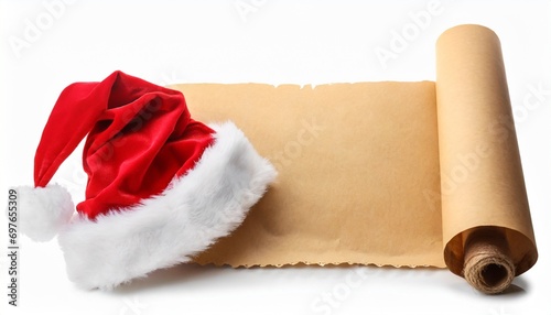 paper scroll and christmas santa s hat isolated on white