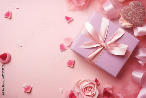 Pink Valentine's day background with gift and hearts © fidaolga