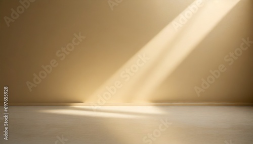 minimalistic abstract light beige golden background for product presentation incident light from the window on the wall and floor