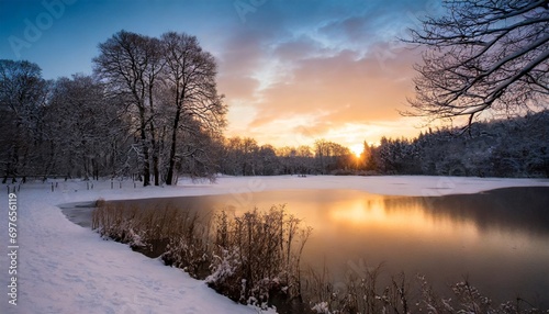 winter solstice sunset in the forest with lake and trees generative ai © Ashley