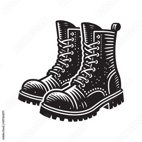 Ankle boots. Black high boots with tractor soles. Beautiful black vector illustration. old vintage engraving style. isolated on white background
