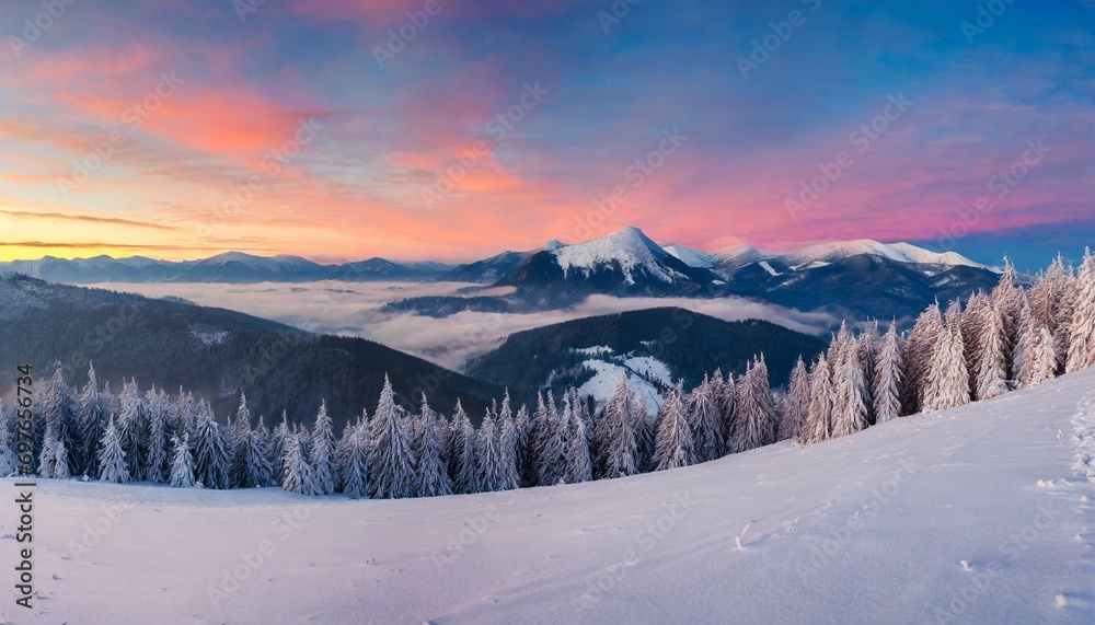panorama of the winter sunrise in the mountains