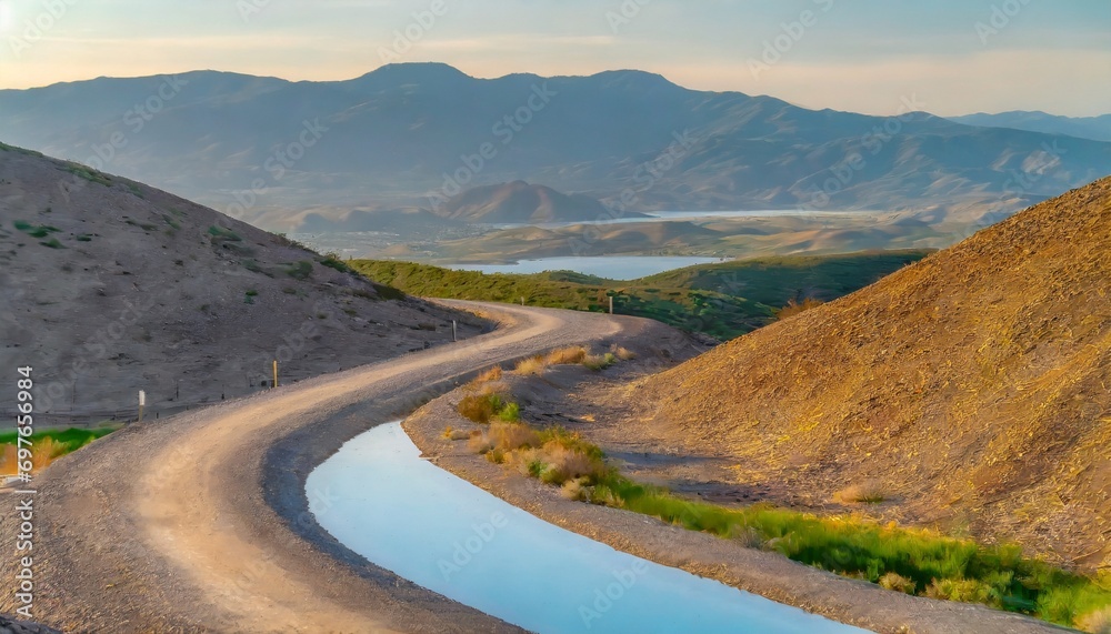 close up of unpaved road winding around hill with water pools framed by distant mountains