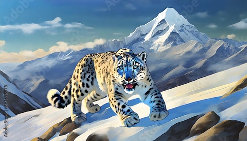 an illustration of a rare snow leopard roaming on mount everest at 18 000 ft generative ai
