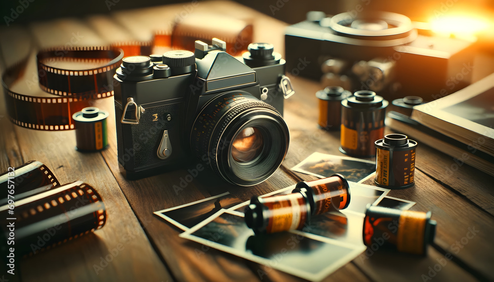 A vintage film camera on a wooden table, surrounded by rolls of film and developed photos, with a nostalgic, grainy film photo aesthetic. - obrazy, fototapety, plakaty 