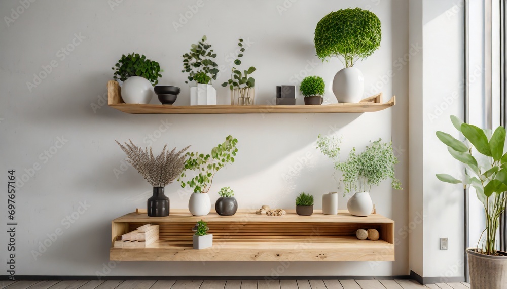 wood floating shelf with plants and vases on white wall interior design ...