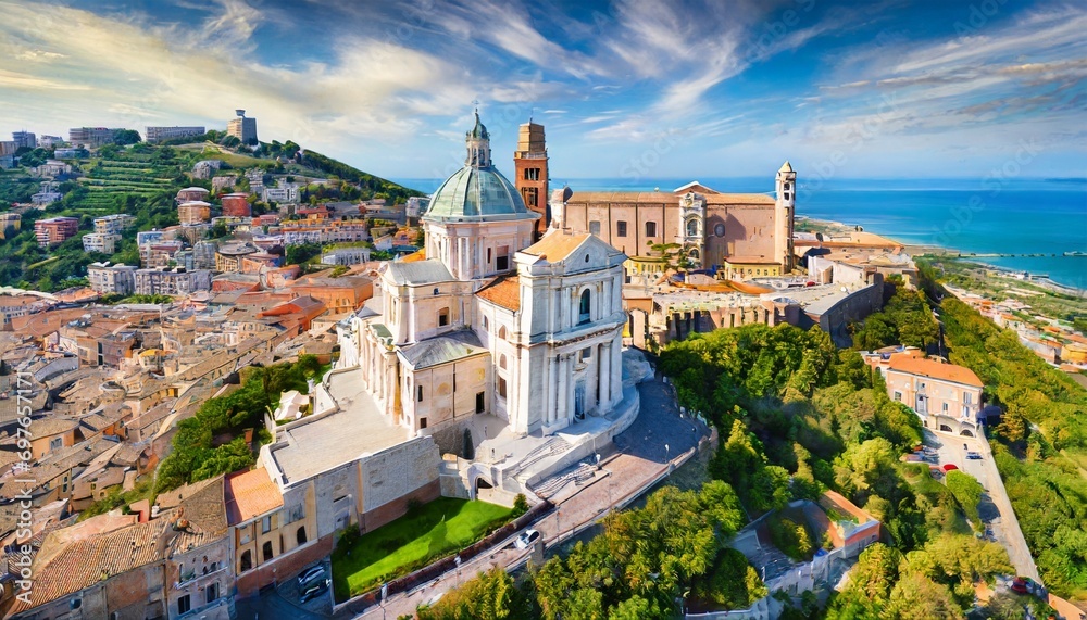 bright summer view from flying drone of cattedrale di san ciriaco church and san gregorio illuminatore catholic church stunning morning cityscape of ancona town italy europe - obrazy, fototapety, plakaty 