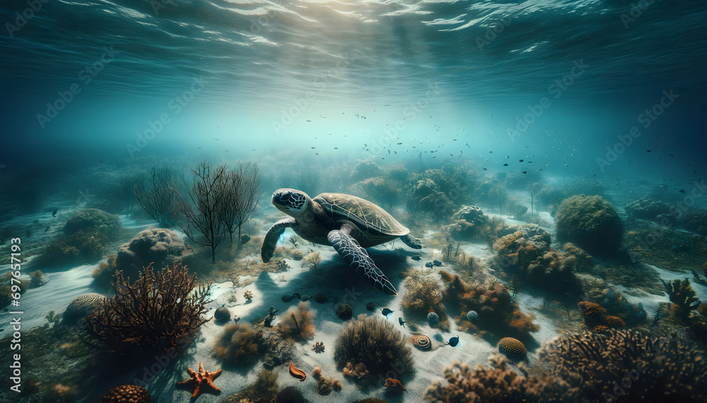 custom made wallpaper toronto digitalA sea turtle swimming near the ocean floor, surrounded by sea plants and small marine animals, with sunlight filtering through clear water.