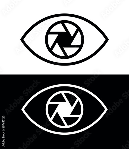 An eye icon with a lens aperture (diaphragm) instead of a pupil. Camera or shooting symbol. An attribute of a camera, photo shoot, or photographer.