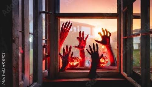 spooky many zombie hands outside the window red glowing light halloween or horror movie concept photo