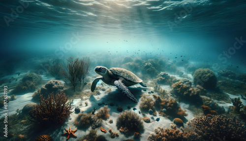 A sea turtle swimming near the ocean floor, surrounded by sea plants and small marine animals, with sunlight filtering through clear water.