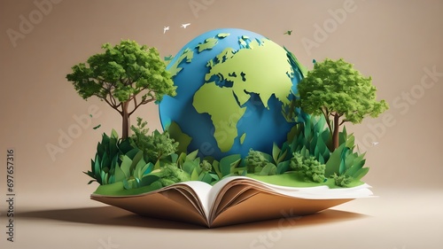 Green paper cut earth planet with nature environment inside. Modern 3d papercut illustration concept of world map, plant leaf and butterfly,house, Eco friendly solution, natural care design.  photo