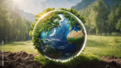 Glass globe in the in nature concept for environment and conservation earth globe in the forest ecology and environment sustainable concept.earth day
