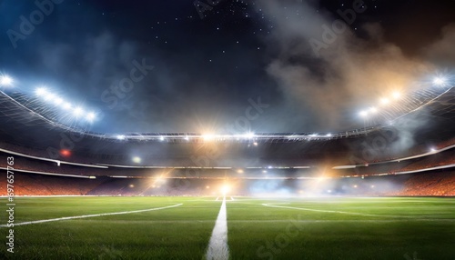 stunning night view of a soccer stadium with lights and smoke