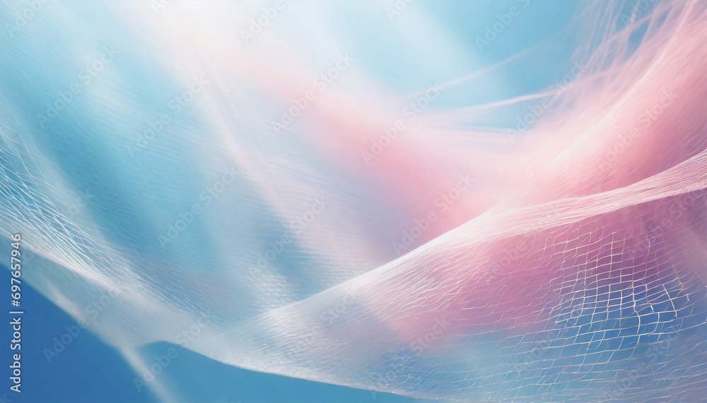 minimalistic abstract blurred background of light blue and pink colors in pastel gentle shades shining light through a thin weave flying in the wind