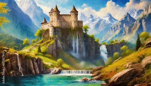 an old castle high in the mountains and a waterfall from under it digital illustration photo wallpapers the fresco