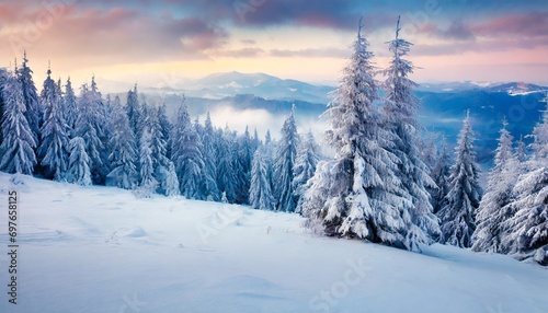 calm winter scenery picturesque morning view of mountain forest snowy landscape of carpathian mountains ukraine europe beauty of nature concept background