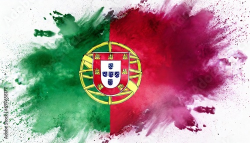 colorful portuguese flag green red color holi paint powder explosion isolated white background portugal europe qatar celebration soccer travel tourism concept photo