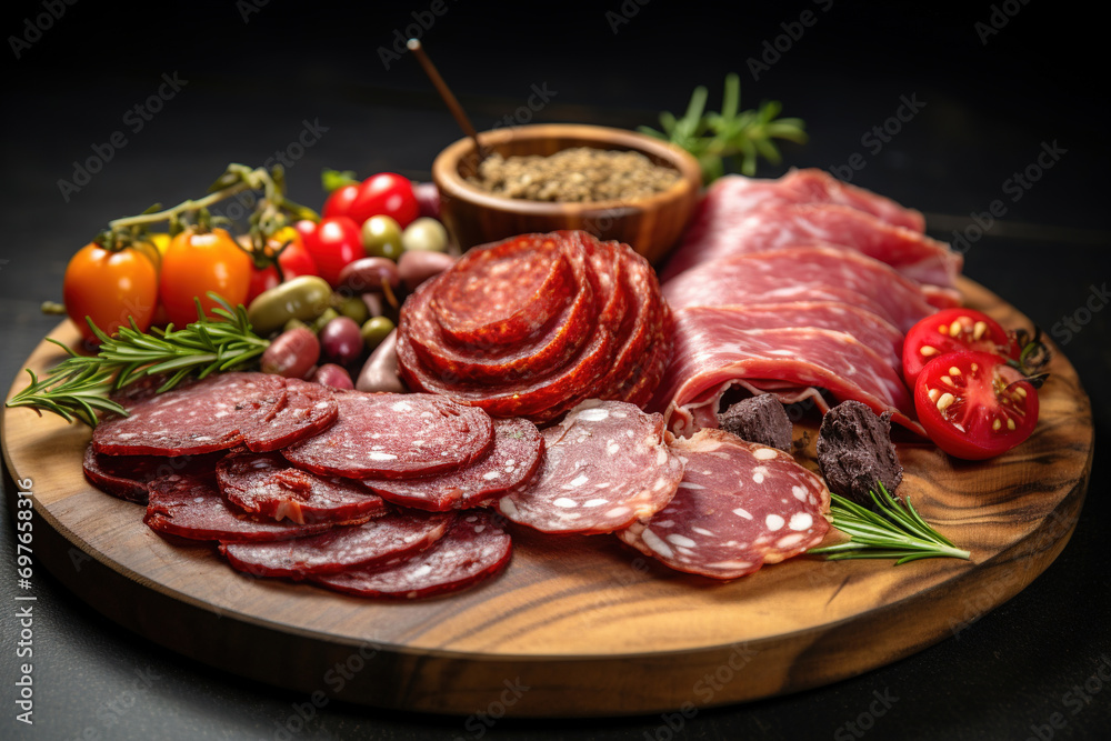 Closeup of Wooden plate with a variety of salami on a black  background