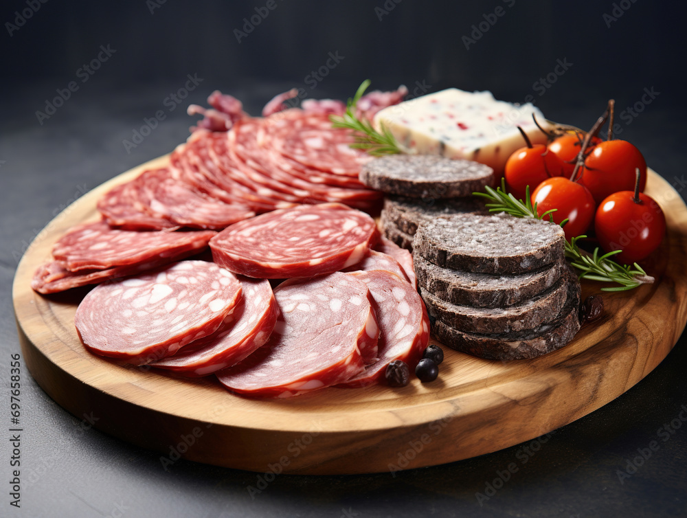  Wooden plate with a variety of salami on a grey background