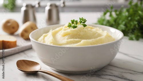 creamy mashed potatoes in white bowl in white kitchen healthy food generative ai