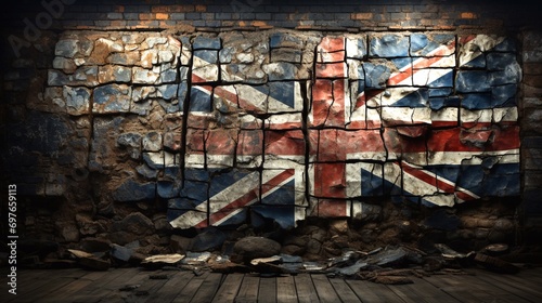 The flag of England on a broken old wall.