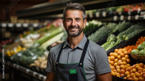 A smiling supermarket worker, looking into the camera, against a backdrop of fresh produce.