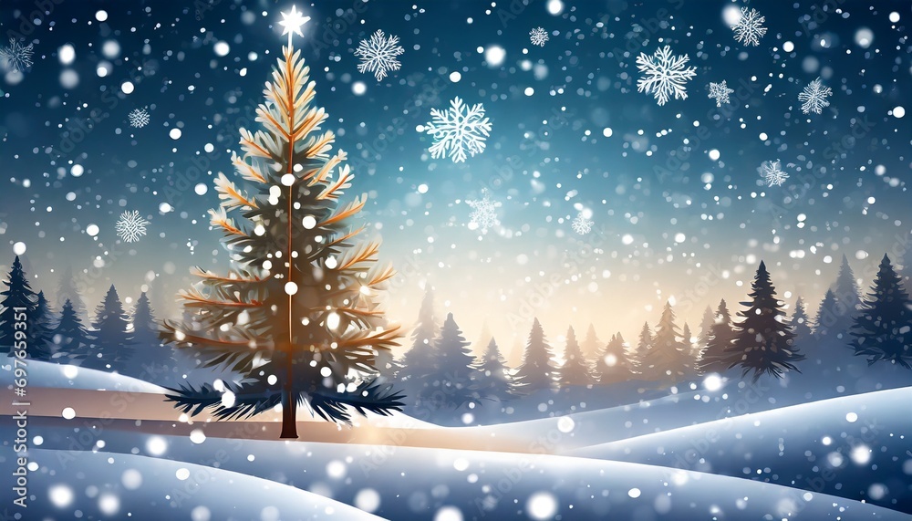 christmas background design of pine tree and snowflake with snow falling in the winter vector illustration