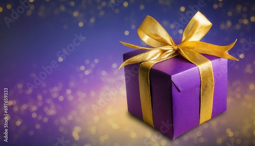 purple gift box with gold ribbon on gradient background with copy space for text holiday or christmas present concept