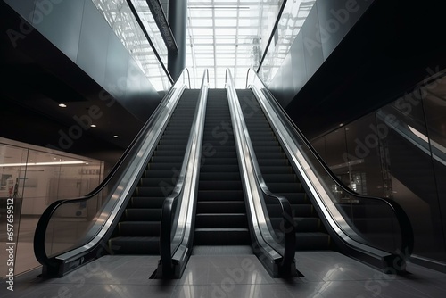 A dynamic escalator inside a contemporary commercial building. Generative AI
