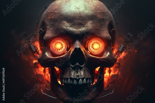 Sinister skull wreathed in smoke, radiating eerie glow from its eyes. Generative AI