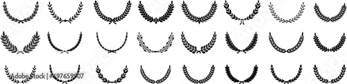 Set black silhouette circular laurel foliate, wheat and oak wreaths depicting an award, achievement, heraldry, nobility on white background. Emblem floral greek branch flat style - stock vector. photo
