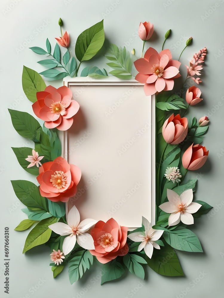 frame with flowers and butterflies,frame,Paper art flowers background,  Floral rectangle frame with place for text. Spring paper cut frame with flower ,on white background - obrazy, fototapety, plakaty 