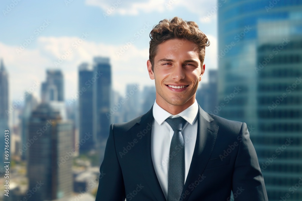 business man posing isolated against a city landscape background.generative ai business man posing isolated against a city landscape background.generative ai