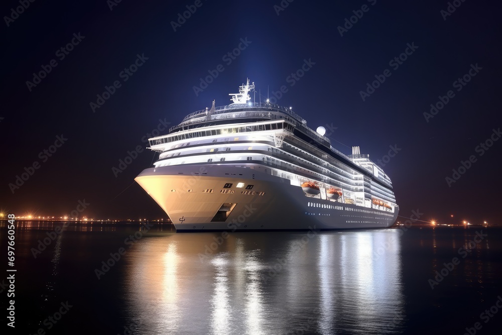 White Cruise Ship in Sea, Large Ocean Liner, Cruise Boat, Voyage Trip Symbol