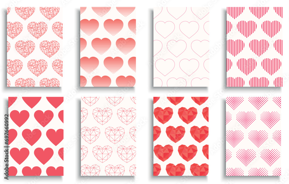 Collection of romantic posters, greeting cards, invitations, banners, covers, flyers with hearts prints and patterns. 14th February postcards - stylish cute geometric design