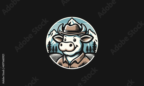 head cow wearing hat on mountain vector mascot design
