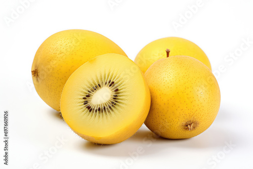 Yellow Kiwi fruit with cut in half isolated on white background.