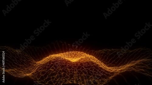 Abstract orange music sound wave with dots and lines. Dark cyberspace with moving particles. Futuristic circle wave with digital database. Big data analytics. 3d rendering.