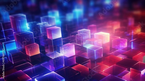 neon cube grid motif, neon motif with 3d neon cubes grid in space colorful lights neon cubes on black