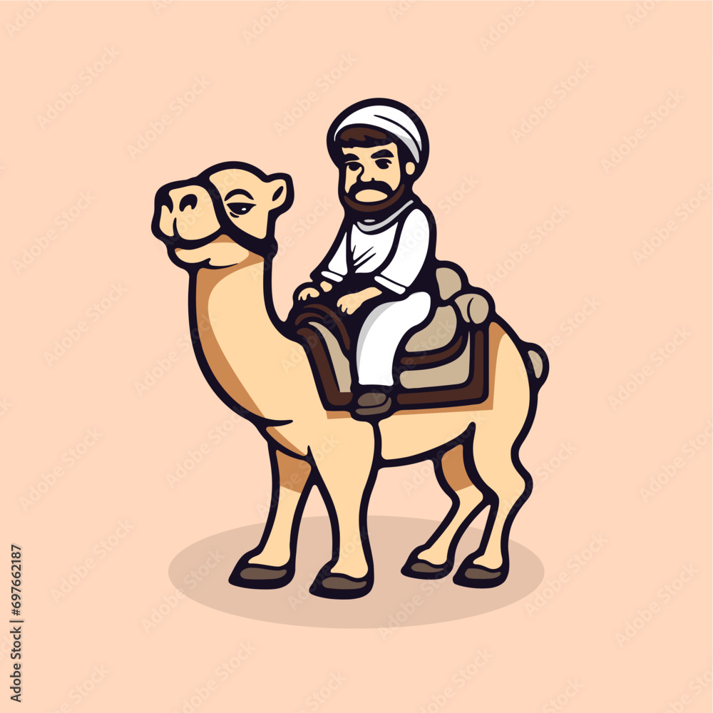 cute moslem people riding camel icon vector