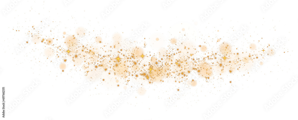 Christmas background. Powder dust light PNG. Magic shining golden dust. Fine, shiny dust bokeh particles fall off lightly. Fantastic shimmer effect. PNG.