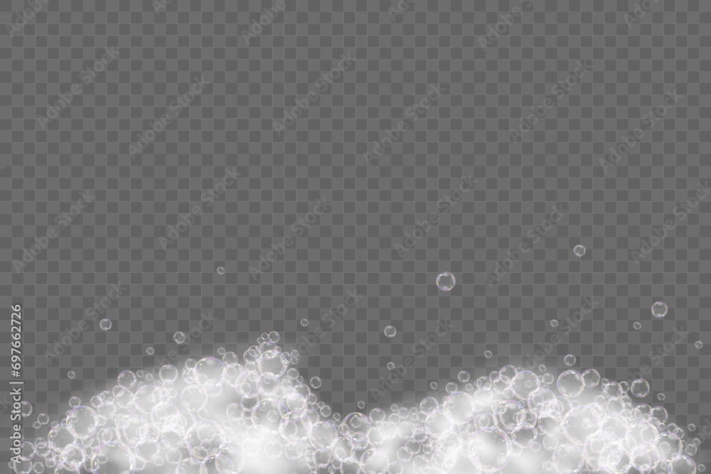 This vector template shows a bath foam with shampoo bubbles isolated on a transparent background. It can be used for advertising purposes. Mousse bath foam. - obrazy, fototapety, plakaty 