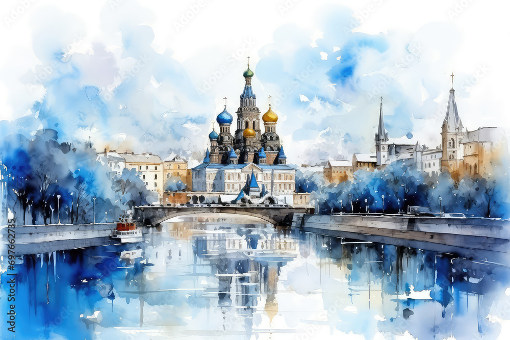 Obraz premium oil painting on canvas, Russia. Artwork. Big ben. a boat in the river. Building. famous travel. Bridge and river