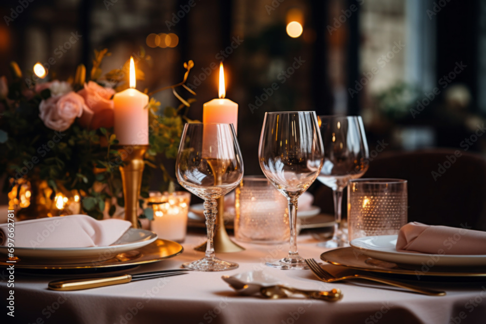 Elegant table setting with beautiful flowers and candles in restaurant