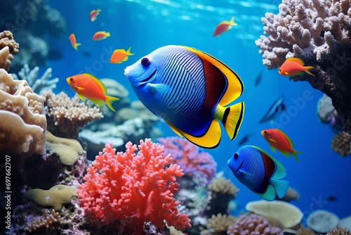Coral reef fishes in sea photo