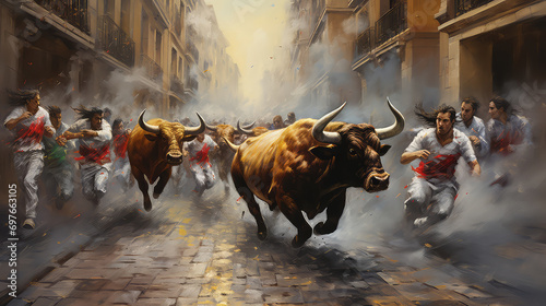 oil painting on canvas, Bulls and people running on the street in the festival of San Fermin. Bulls of Eduardo Miura in the eighth and last running of the bulls of the festival of San Fermin. Spain. photo